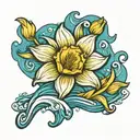 sassy daffodil bud bursting through vibrant blue ocean wave tattoo design idea
