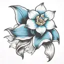 Single, black and white daffodil, bud, wrapped in vibrant blue ocean wave tattoo design idea