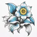 Single, black and white daffodil, bud, wrapped in vibrant blue ocean wave tattoo design idea