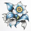 Single, black and white daffodil, bud, wrapped in vibrant blue ocean wave tattoo design idea