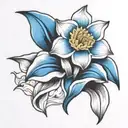 Single, black and white daffodil, bud, wrapped in vibrant blue ocean wave tattoo design idea