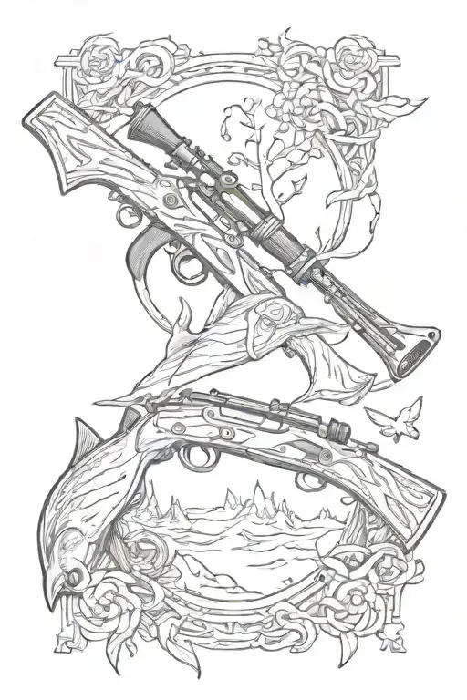 fishing hunting rifle intertwined tattoo design idea