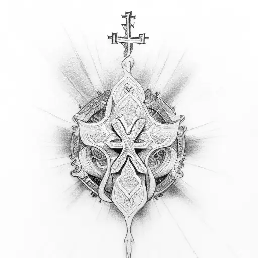 cross with prayer hands and bible verse under tattoo design idea