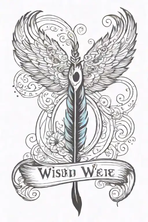 semicolon with feather shaped like infinity symbol. include the phrase "wish you were here" tattoo design idea