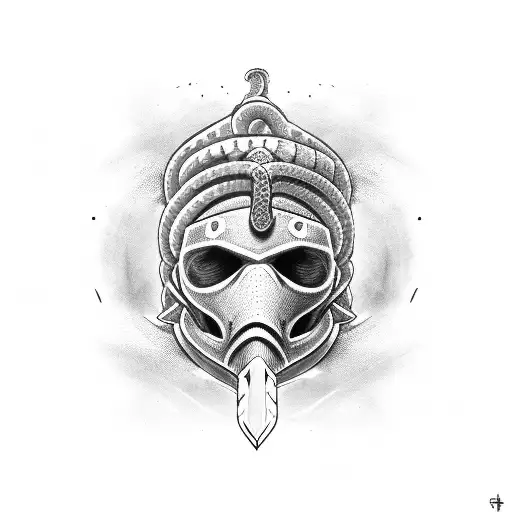 knight with snake up his arm and his sword in the middle of his face tattoo design idea