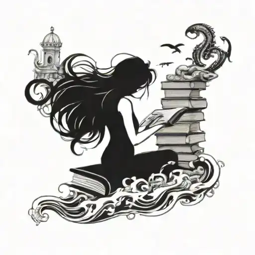 A stack of books with intricate details and a girl reading on top, surrounded by waves and sea creatures tattoo design idea