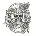 oval frame with vines and flowers with two skull hands in the middle tattoo design idea