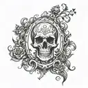 oval frame with vines and flowers with two skull hands in the middle tattoo design idea
