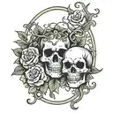 oval frame with vines and flowers with two skull hands in the middle tattoo design idea