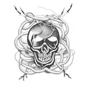 A skull made of fishing hooks and lines, with vines and smoke intertwining throughout the design tattoo design idea