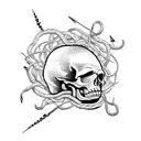 A skull made of fishing hooks and lines, with vines and smoke intertwining throughout the design tattoo design idea