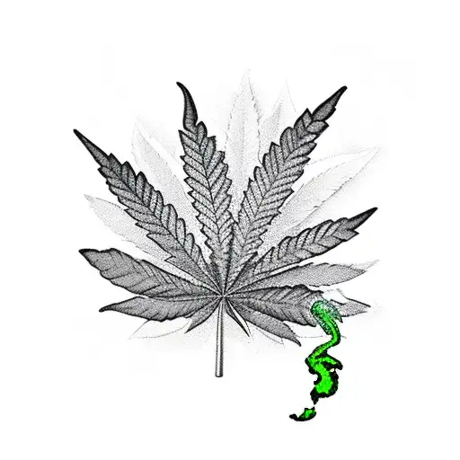 A cat blowing smoke rings in the shape of cannabis leaves tattoo design idea