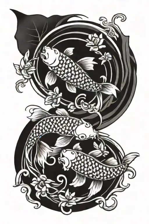 two koi fish yin yang, seed of life below and a baby koi fish tattoo design idea