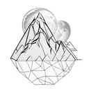 geometric tatto as a diamond with montains the moon anda castle in the middle tattoo design idea