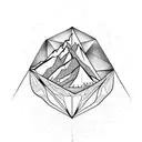 geometric tatto as a diamond with montains the moon anda castle in the middle tattoo design idea