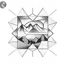 geometric tatto as a diamond with montains the moon anda castle in the middle tattoo design idea