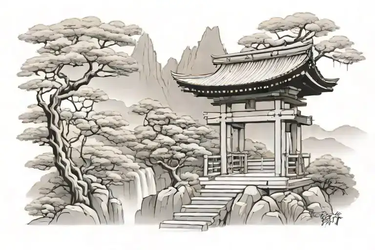 japanese shrine in mountain scene with torii gates and nature tattoo design idea