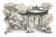japanese shrine in mountain scene with torii gates and nature tattoo design idea