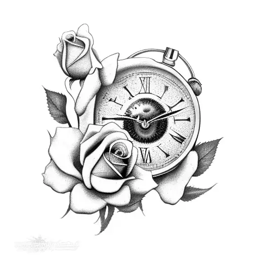 clock with roses and a ladybug tattoo design idea