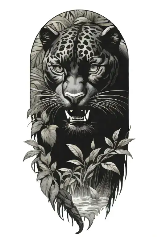 Black Panther swimming upstream surrounded by rainforest tattoo design idea