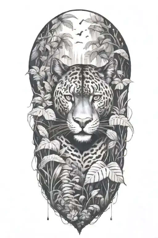 black Panther hiding in a rainforest with rain falling and birds flying around and a bird in the panthers mouth tattoo design idea