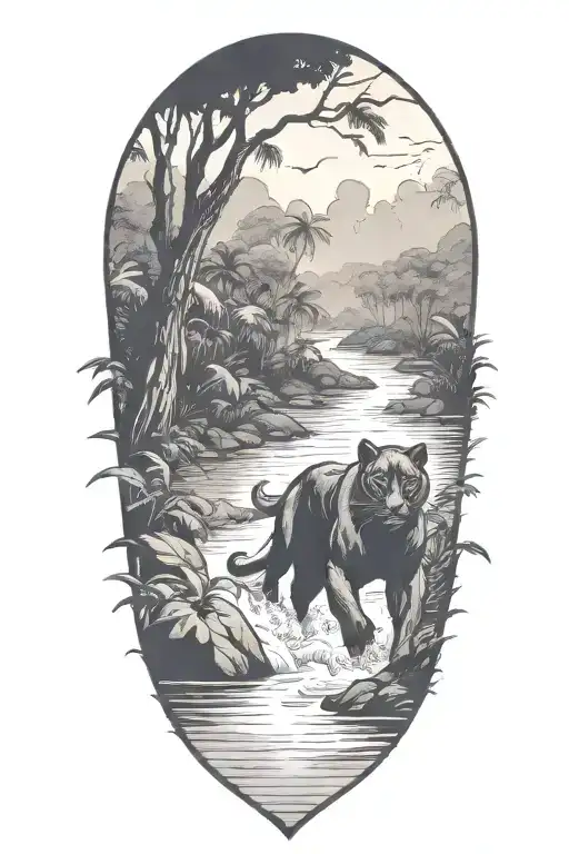 Black Panther running in a river at an angle surrounded by rainforest tattoo design idea