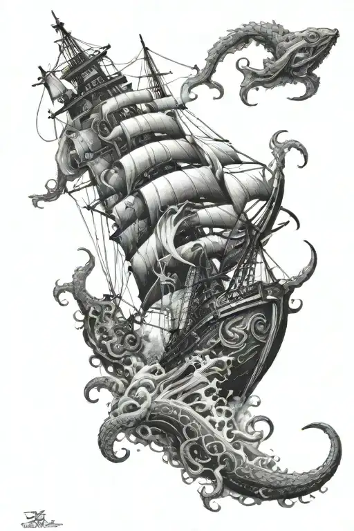 kraken destroying a ship underwater tattoo design idea