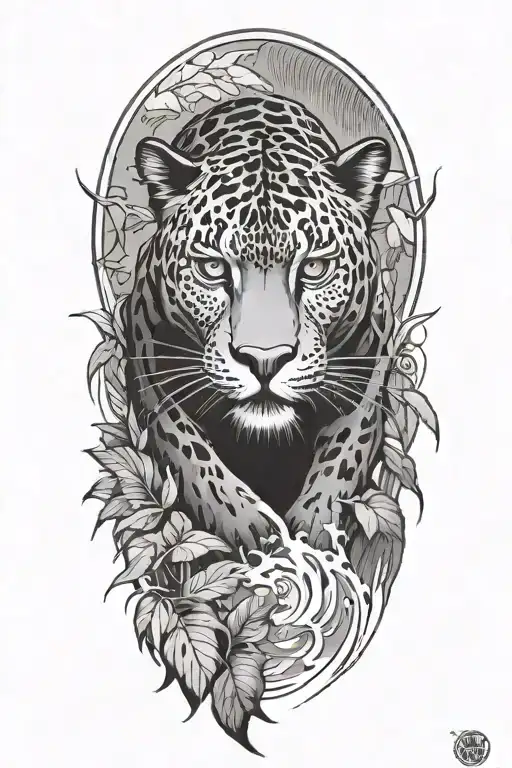 Black Panther swimming upstream surrounded by rainforest tattoo design idea