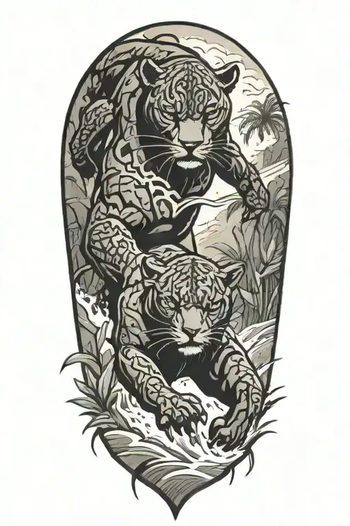 Black Panther running in a river at an angle surrounded by rainforest tattoo design idea