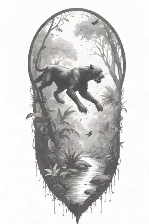 black Panther running at an angle in a rainforest with rain falling and birds flying around tattoo design idea