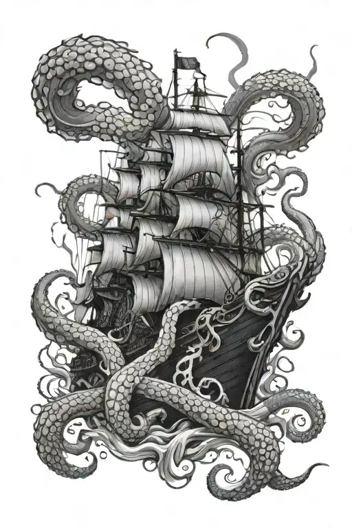 huge kraken with tentacles wrapped around a ship tattoo design idea