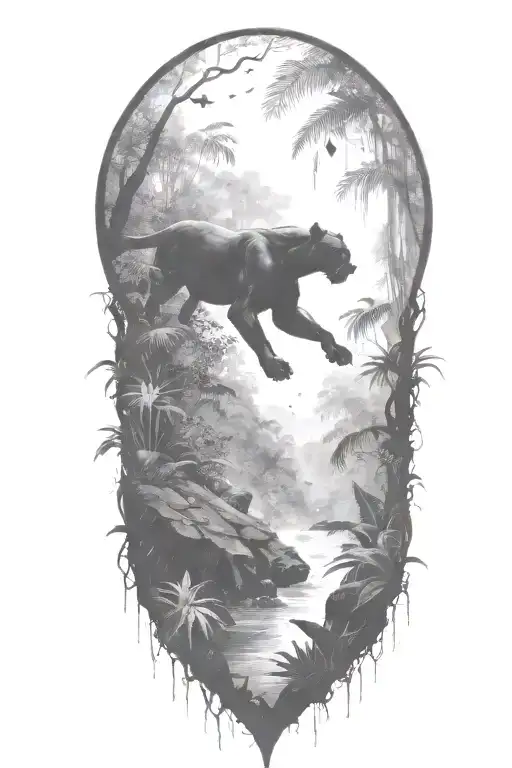 black Panther running at an angle in a rainforest with rain falling and birds flying around tattoo design idea