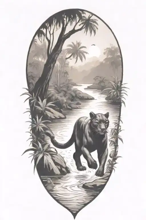 Black Panther running in a river at an angle surrounded by rainforest tattoo design idea