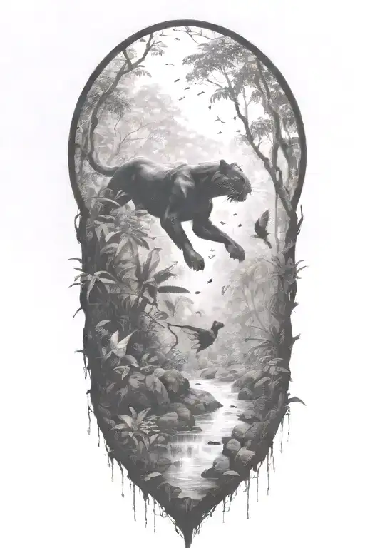 black Panther running at an angle in a rainforest with rain falling and birds flying around tattoo design idea