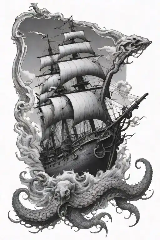 huge kraken destroying a ship underwater tattoo design idea