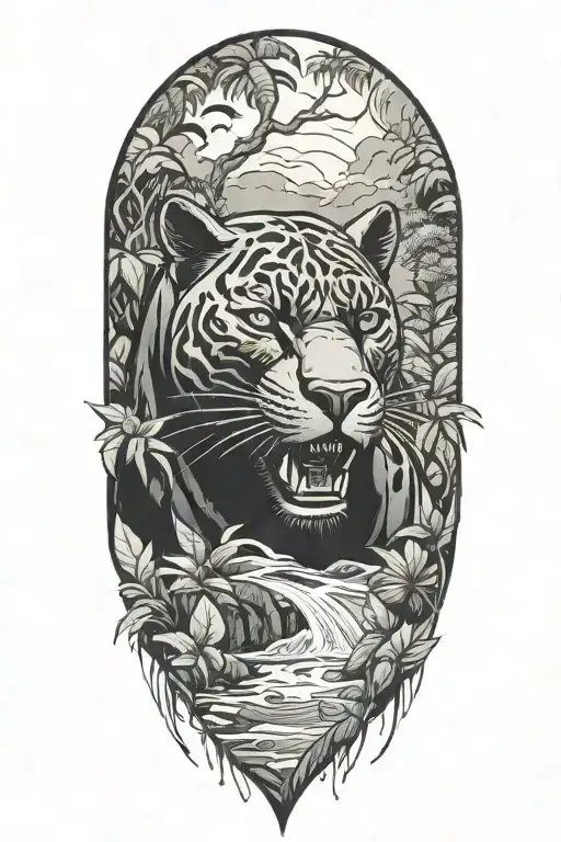 Black Panther swimming upstream at an angle surrounded by rainforest tattoo design idea