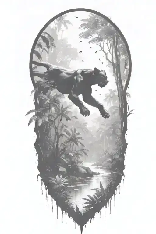 black Panther running at an angle in a rainforest with rain falling and birds flying around tattoo design idea