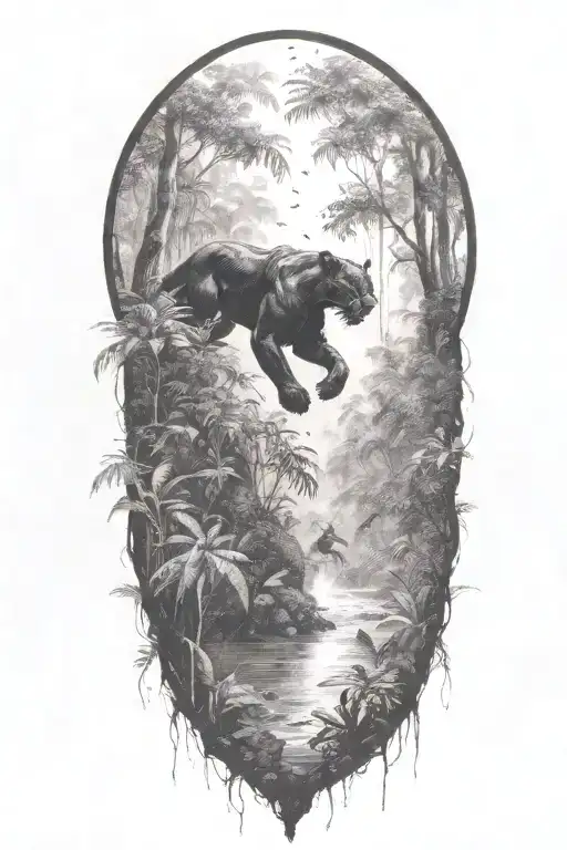 black Panther running at an angle in a rainforest with rain falling and birds flying around tattoo design idea