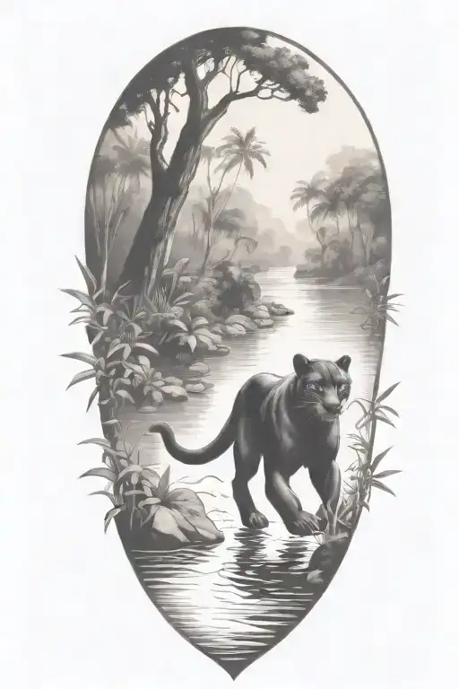 Black Panther running in a river at an angle surrounded by rainforest tattoo design idea