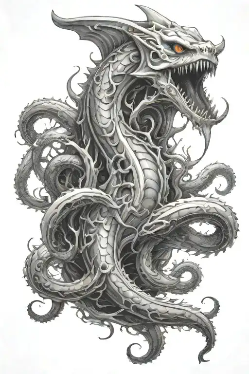 Kraken emerging from the depths surrounded by sharks tattoo design idea