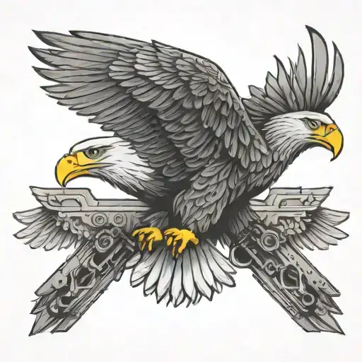 bald eagle with machine guns in both wings tattoo design idea