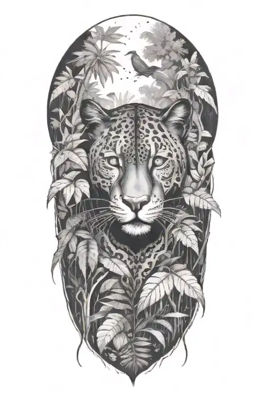 black Panther roaming in a rainforest with rain falling and birds flying around and a bird in the panthers mouth tattoo design idea