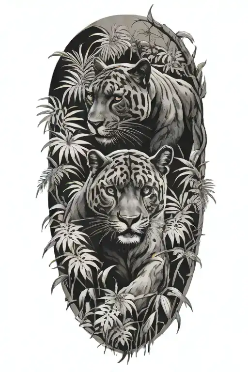A pack of panthers stalking through a dense jungle tattoo design idea