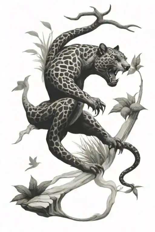 Panther and reptile in a rainforest creek running  tattoo design idea