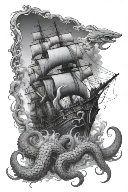huge kraken destroying a ship underwater tattoo design idea