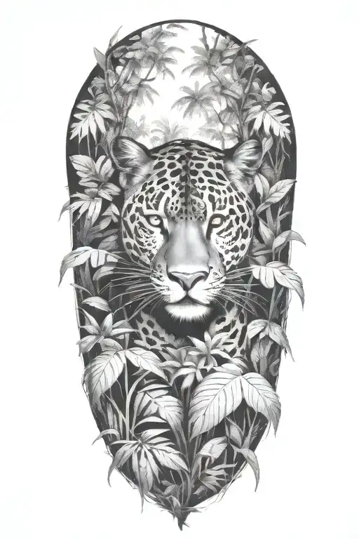 Panther hiding in a rainforest scene  tattoo design idea