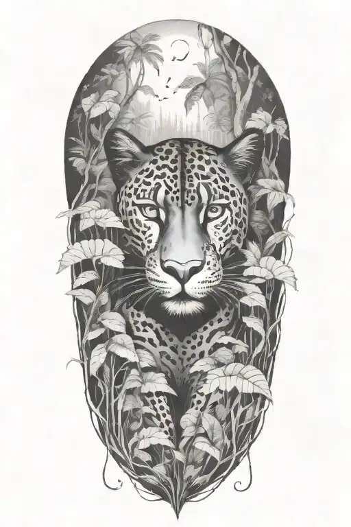 black Panther roaming in a rainforest with rain falling and birds flying around and a bird in the panthers mouth tattoo design idea