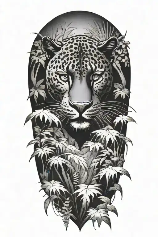 Black Panther swimming upstream surrounded by rainforest tattoo design idea