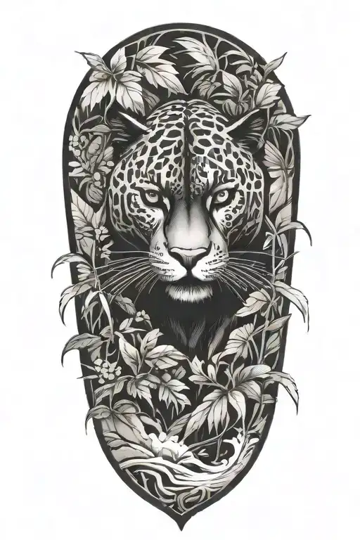 Black Panther swimming upstream surrounded by rainforest tattoo design idea