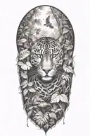 Panther hiding in a rainforest with rain falling and birds flying around and a bird in the panthers mouth tattoo design idea
